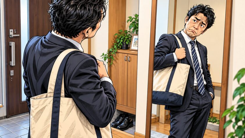 40代が「合わない」と感じる本当の原因 自宅の玄関の鏡の前でスーツ姿にトートを合わせる男性 1人 困った表情で首をかしげる