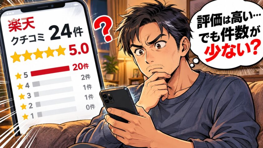 楽天24件中★5が20件、ただし口コミ自体が少ない。夜のリビングでスマホのレビュー画面を見つめる40代男性が腕を組んで考え込む場面