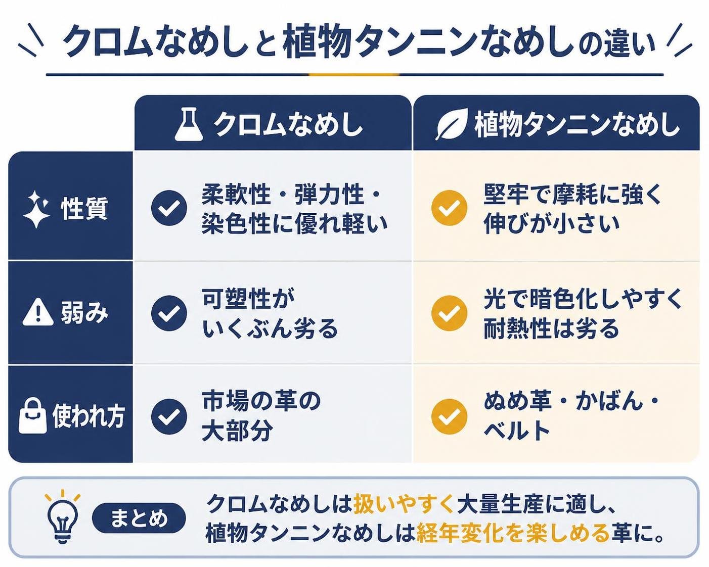 【比較表作成】クロムなめしと植物タンニンなめしの違い。クロムなめし: 性質=柔軟性・弾力性・染色性に優れ軽い, 弱み=可塑性がいくぶん劣る, 使われ方=市場の革の大部分 / 植物タンニンなめし: 性質=堅牢で摩耗に強く伸びが小さい, 弱み=光で暗色化しやすく耐熱性は劣る, 使われ方=ぬめ革・かばん・ベルト