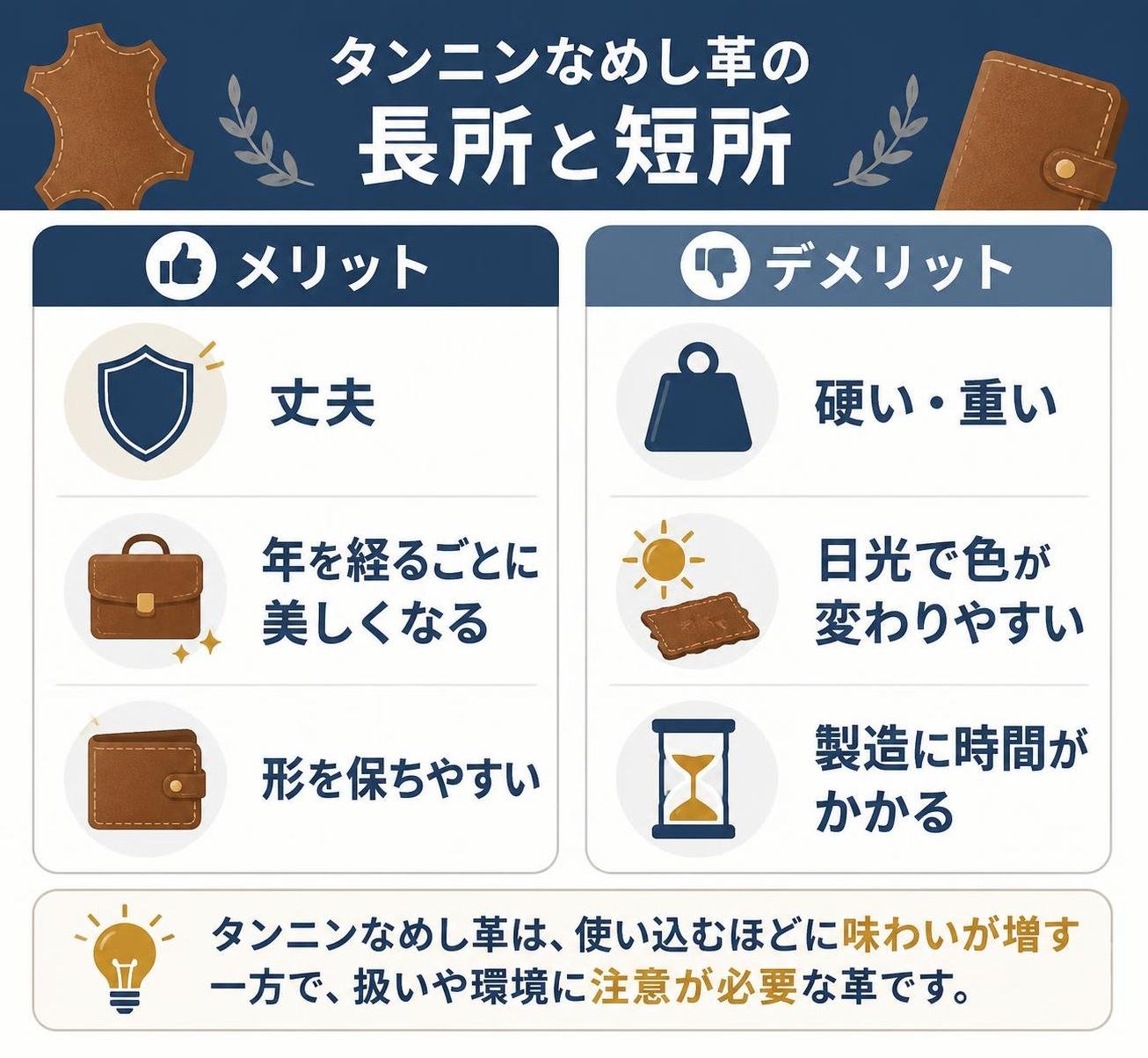 【メリデメ作成】タンニンなめし革の長所と短所。メリット:丈夫 / 年を経るごとに美しくなる / 形を保ちやすい // デメリット:硬い・重い / 日光で色が変わりやすい / 製造に時間がかかる