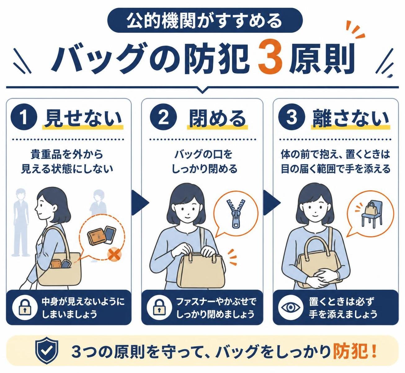 【ステップ作成】公的機関がすすめるバッグの防犯3原則:見せない（貴重品を外から見える状態にしない）→閉める（バッグの口をしっかり閉める）→離さない（体の前で抱え、置くときは目の届く範囲で手を添える）