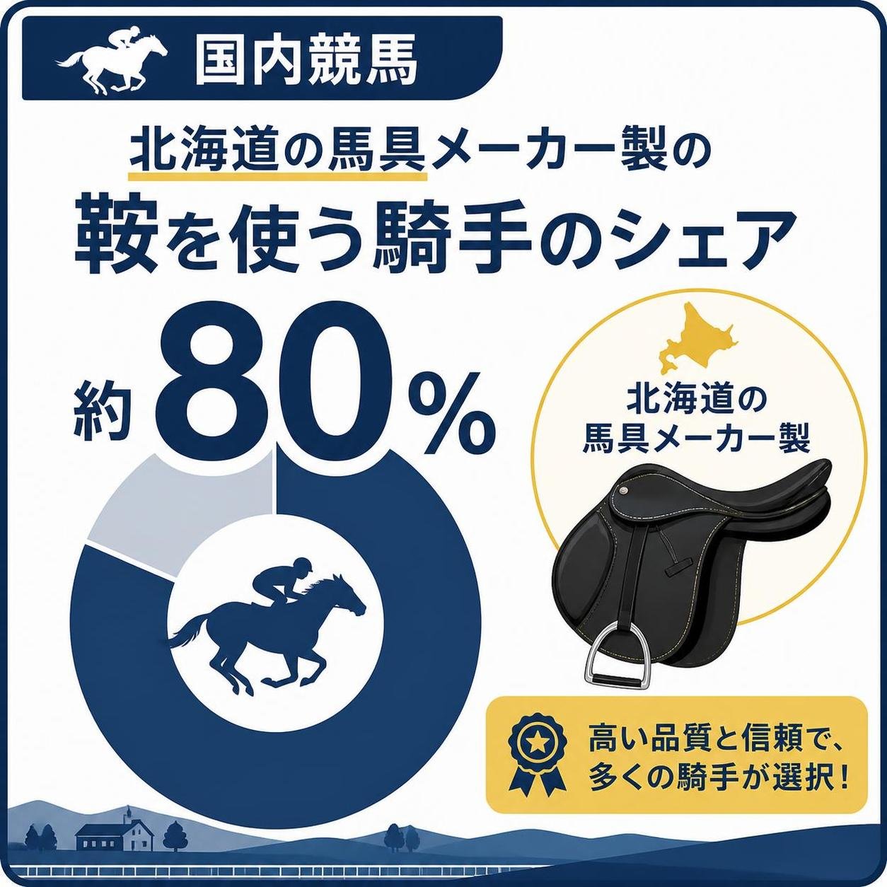 【数字カード作成】国内競馬で北海道の馬具メーカー製の鞍を使う騎手のシェア。約80%