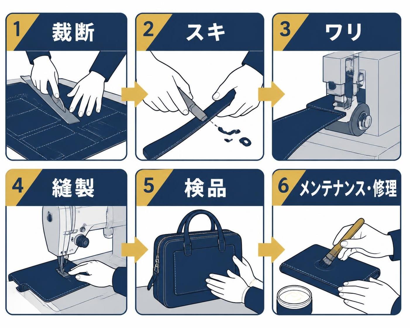 【ステップ作成】FUJITAKAの自社ファクトリーで行う工程:裁断→スキ→ワリ→縫製→検品→メンテナンス・修理
