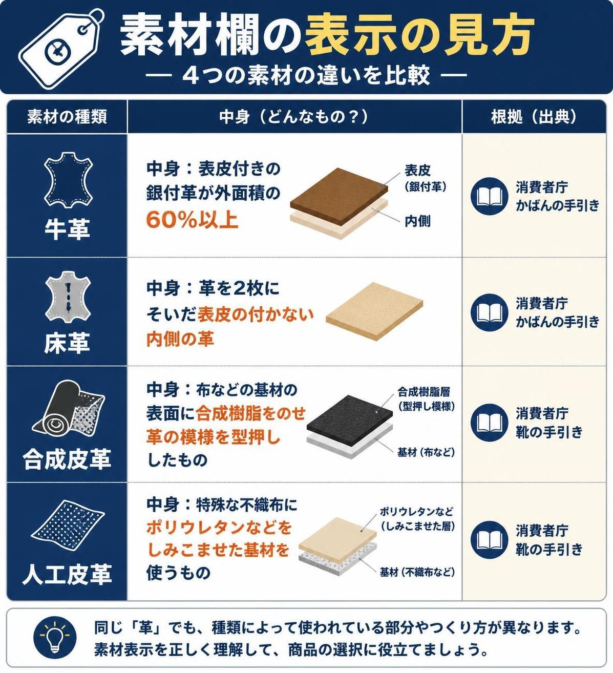 【比較表作成】素材欄の表示の見方。牛革: 中身=表皮付きの銀付革が外面積の60%以上, 根拠=消費者庁 かばんの手引き / 床革: 中身=革を2枚にそいだ表皮の付かない内側の革, 根拠=消費者庁 かばんの手引き / 合成皮革: 中身=布などの基材の表面に合成樹脂をのせ革の模様を型押ししたもの, 根拠=消費者庁 靴の手引き / 人工皮革: 中身=特殊な不織布にポリウレタンなどをしみこませた基材を使うもの, 根拠=消費者庁 靴の手引き
