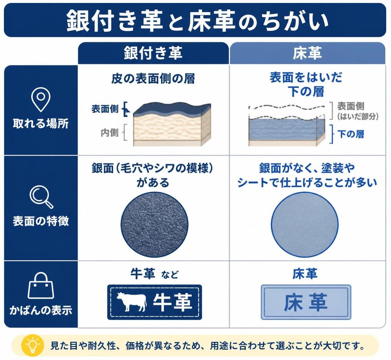 【比較表作成】銀付き革と床革のちがい。銀付き革: 取れる場所=皮の表面側の層, 表面=銀面(毛穴やシワの模様)がある, かばんの表示=牛革など / 床革: 取れる場所=表面をはいだ下の層, 表面=銀面がなく塗装やシートで仕上げることが多い, かばんの表示=床革
