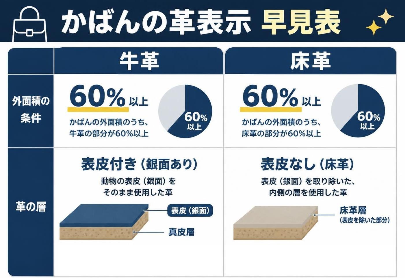 【比較表作成】かばんの革表示 早見表。牛革: 外面積の条件=60%以上, 革の層=表皮付き(銀面あり) / 床革: 外面積の条件=60%以上, 革の層=表皮なし(床革)
