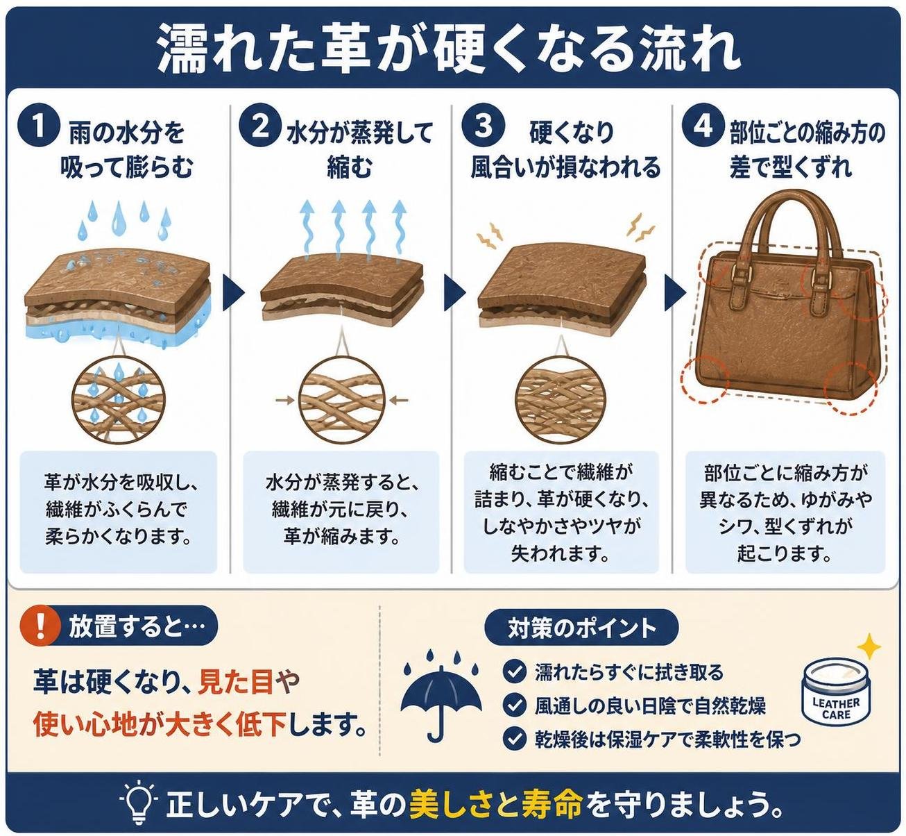 【ステップ作成】濡れた革が硬くなる流れ:雨の水分を吸って膨らむ→水分が蒸発して縮む→硬くなり風合いが損なわれる→部位ごとの縮み方の差で型くずれ
