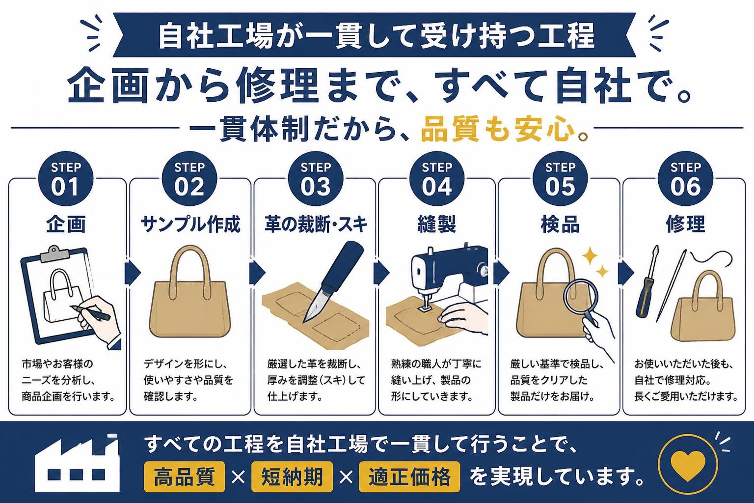 【ステップ作成】自社工場が一貫して受け持つ工程:企画→サンプル作成→革の裁断・スキ→縫製→検品→修理