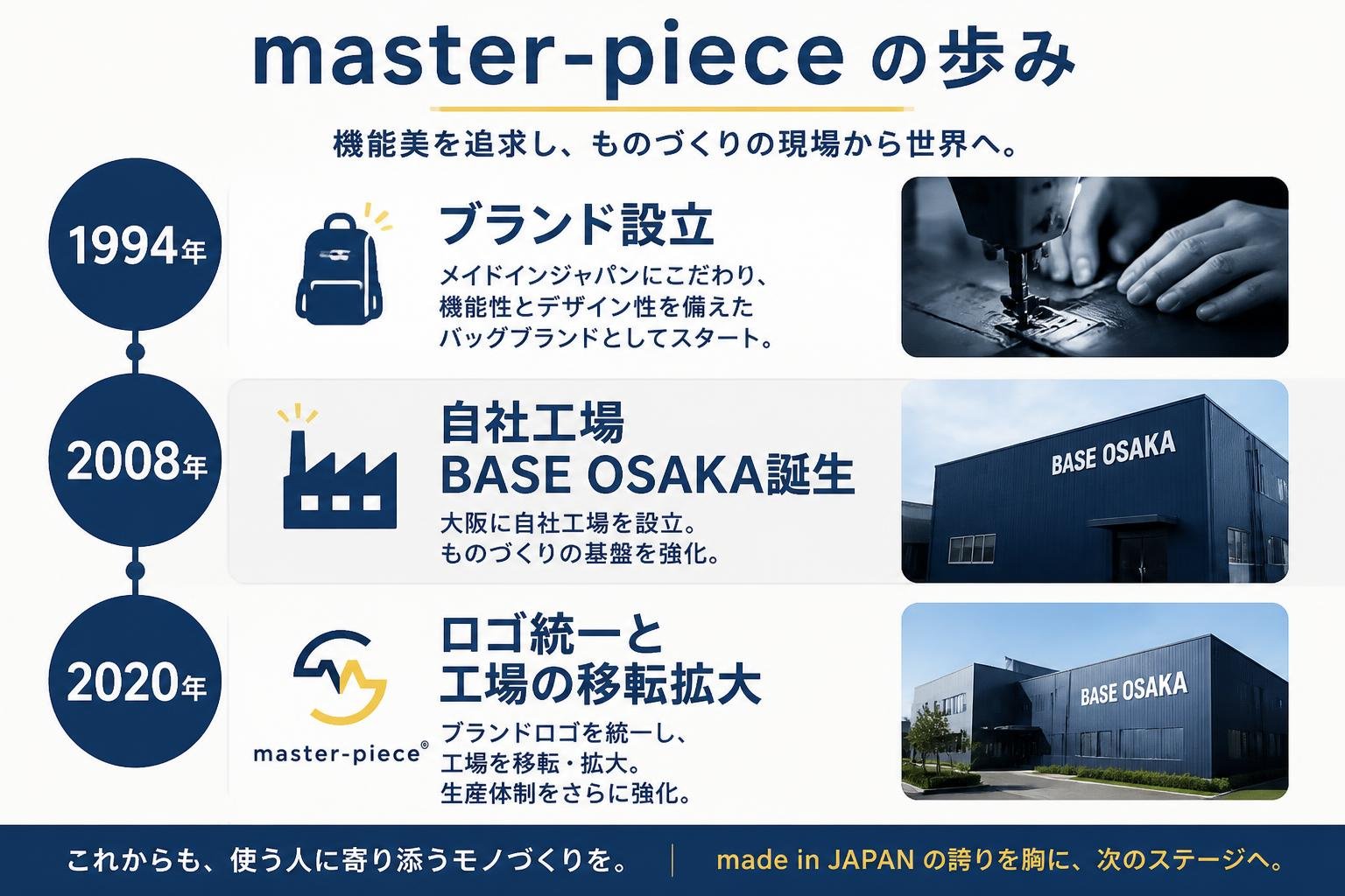 【タイムライン作成】master-pieceの歩み。1994年:ブランド設立 / 2008年:自社工場BASE OSAKA誕生 / 2020年:ロゴ統一と工場の移転拡大