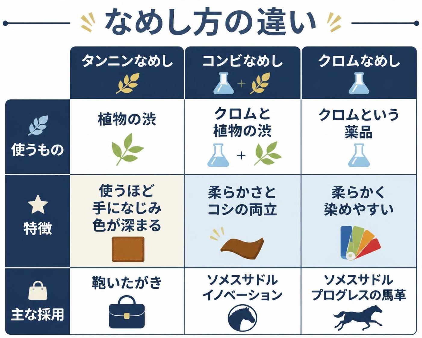 【比較表作成】なめし方の違い。タンニンなめし: 使うもの=植物の渋, 特徴=使うほど手になじみ色が深まる, 主な採用=鞄いたがき / コンビなめし: 使うもの=クロムと植物の渋, 特徴=柔らかさとコシの両立, 主な採用=ソメスサドル イノベーション / クロムなめし: 使うもの=クロムという薬品, 特徴=柔らかく染めやすい, 主な採用=ソメスサドル プログレスの馬革