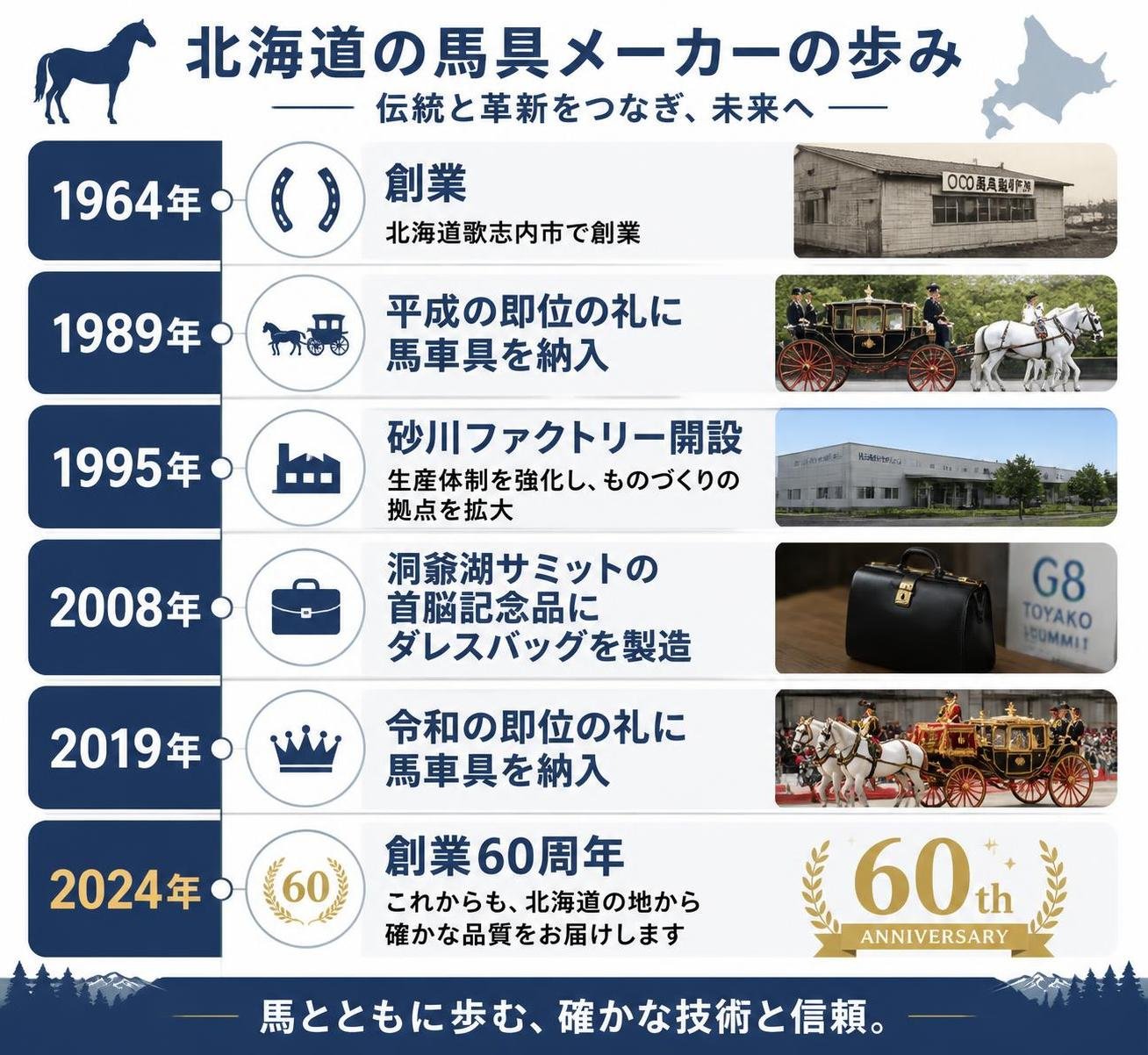 【タイムライン作成】北海道の馬具メーカーの歩み。1964年:創業(北海道歌志内市) / 1989年:平成の即位の礼に馬車具を納入 / 1995年:砂川ファクトリー開設 / 2008年:洞爺湖サミットの首脳記念品にダレスバッグを製造 / 2019年:令和の即位の礼に馬車具を納入 / 2024年:創業60周年