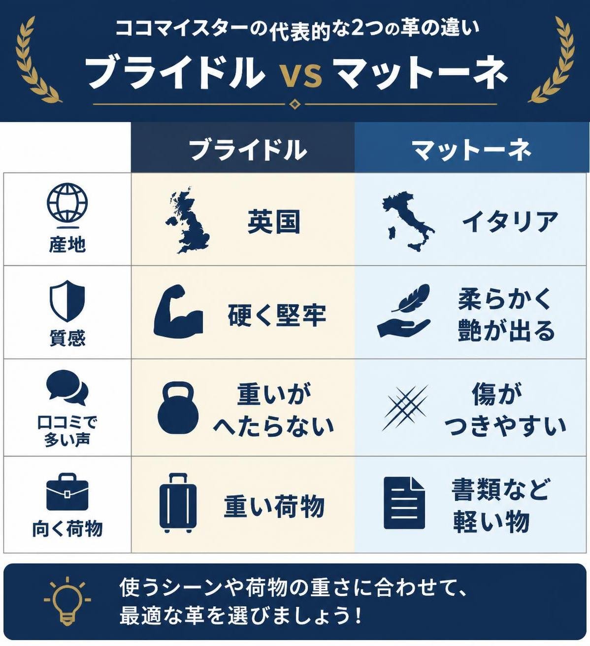 【比較表作成】ココマイスターの代表的な2つの革の違い。ブライドル: 産地=英国, 質感=硬く堅牢, 口コミで多い声=重いがへたらない, 向く荷物=重い荷物 / マットーネ: 産地=イタリア, 質感=柔らかく艶が出る, 口コミで多い声=傷がつきやすい, 向く荷物=書類など軽い物