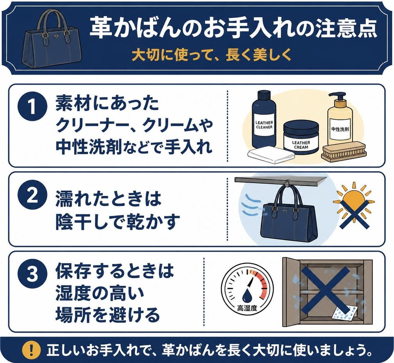 【ステップ作成】革かばんに表示が求められる3つの注意:素材にあったクリーナー、クリームや中性洗剤などで手入れ→濡れたときは陰干しで乾かす→保存するときは湿度の高い場所を避ける