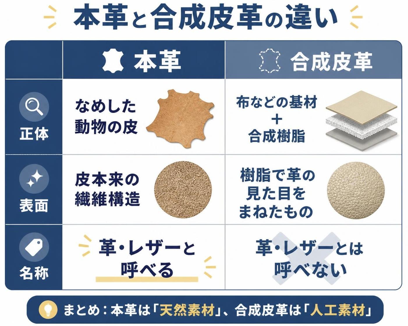 【比較表作成】本革と合成皮革の違い。本革: 正体=なめした動物の皮, 表面=皮本来の繊維構造, 名称=革・レザーと呼べる / 合成皮革: 正体=布などの基材＋合成樹脂, 表面=樹脂で革の見た目をまねたもの, 名称=革・レザーとは呼べない