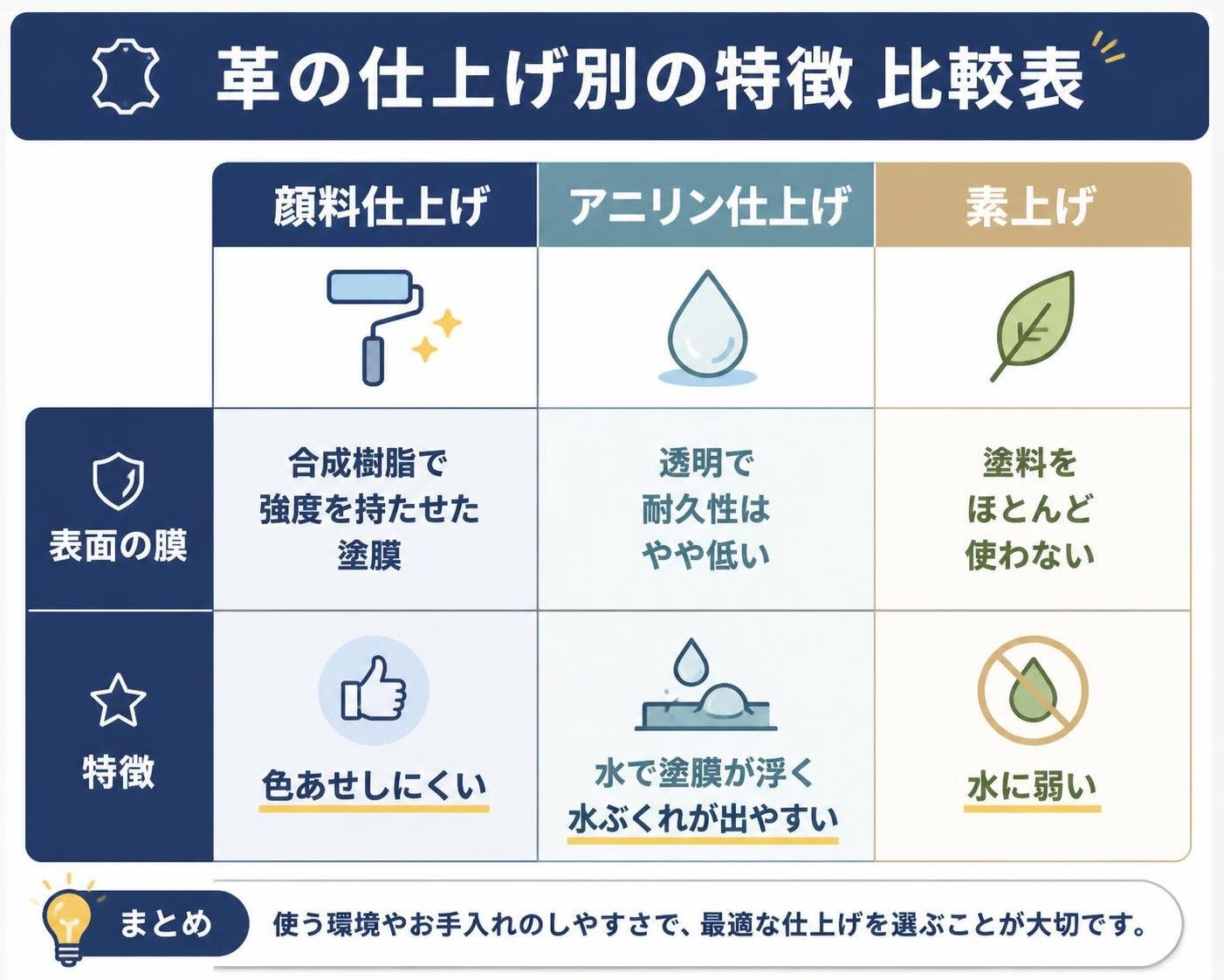 【比較表作成】革の仕上げ別の特徴。顔料仕上げ: 表面の膜=合成樹脂で強度を持たせた塗膜, 特徴=色あせしにくい / アニリン仕上げ: 表面の膜=透明で耐久性はやや低い, 特徴=水で塗膜が浮く水ぶくれが出やすい / 素上げ: 表面の膜=塗料をほとんど使わない, 特徴=水に弱い