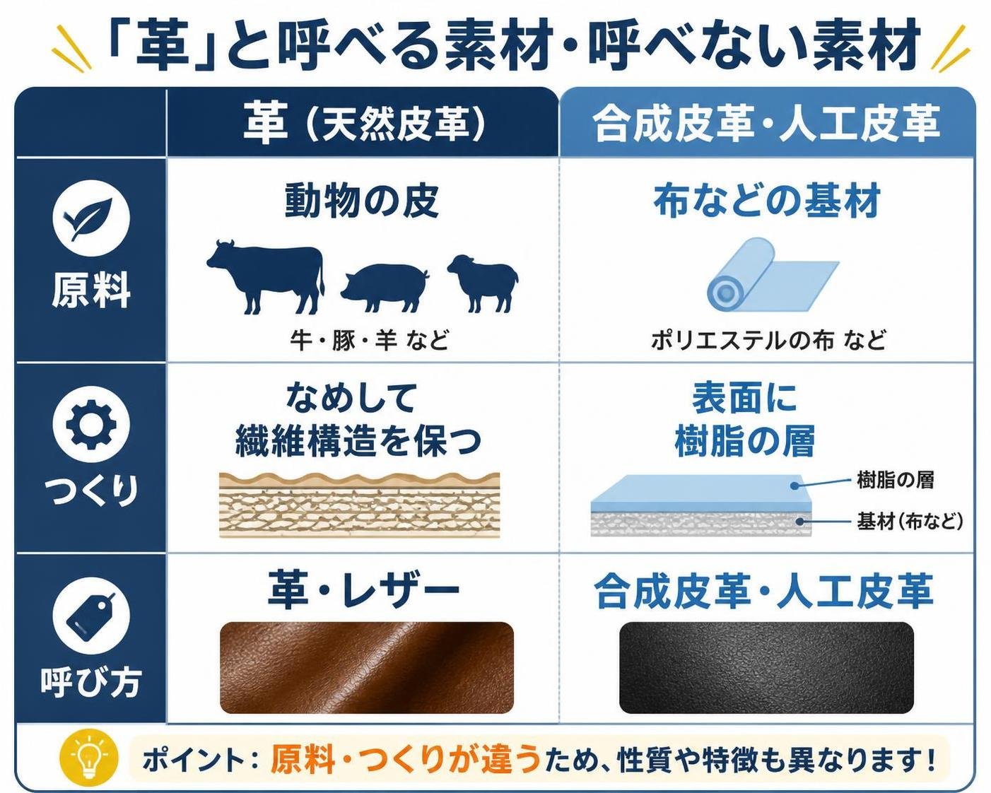 【比較表作成】「革」と呼べる素材・呼べない素材。革（天然皮革）: 原料=動物の皮, つくり=なめして繊維構造を保つ, 呼び方=革・レザー / 合成皮革・人工皮革: 原料=布などの基材, つくり=表面に樹脂の層, 呼び方=合成皮革・人工皮革
