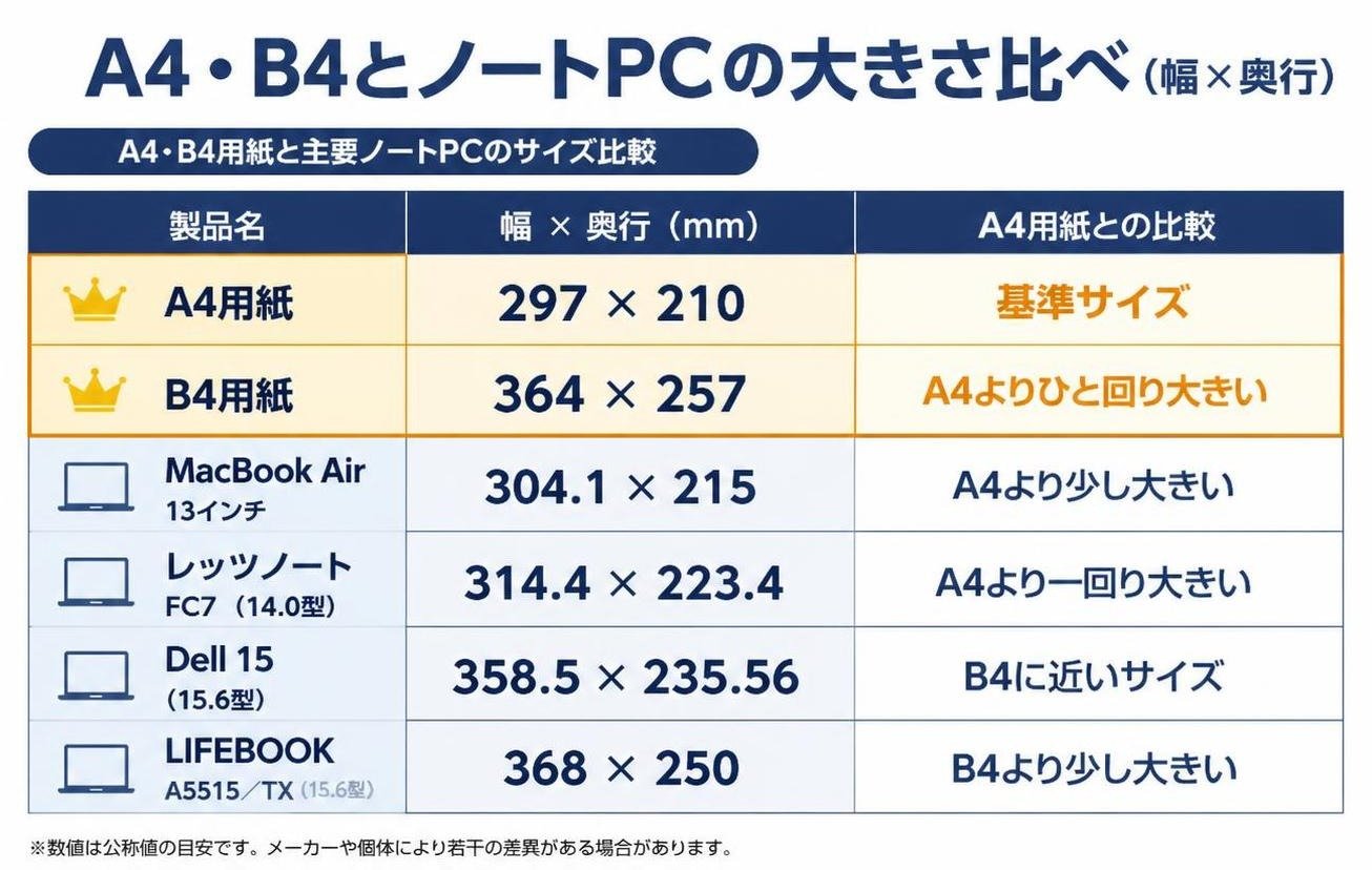 【比較表作成】A4・B4とノートPCの大きさ比べ（幅×奥行）。A4用紙: 幅=297mm, 奥行=210mm / B4用紙: 幅=364mm, 奥行=257mm / MacBook Air 13インチ: 幅=304.1mm, 奥行=215mm / レッツノートFC7（14.0型）: 幅=314.4mm, 奥行=223.4mm / Dell 15（15.6型）: 幅=358.5mm, 奥行=235.56mm / LIFEBOOK A5515／TX（15.6型）: 幅=368mm, 奥行=250mm。A4用紙とB4用紙を強調