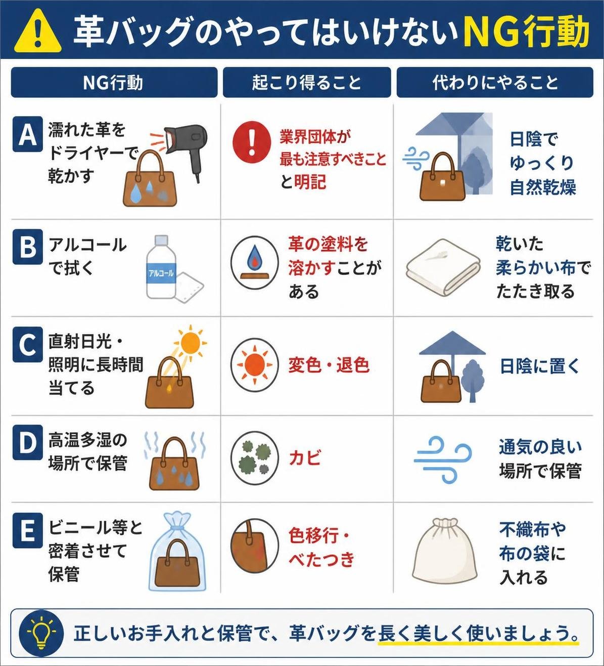 【比較表作成】革バッグのやってはいけないNG行動。行A: NG行動=濡れた革をドライヤーで乾かす, 起こり得ること=業界団体が最も注意すべきことと明記, 代わりにやること=日陰でゆっくり自然乾燥 / 行B: NG行動=アルコールで拭く, 起こり得ること=革の塗料を溶かすことがある, 代わりにやること=乾いた柔らかい布でたたき取る / 行C: NG行動=直射日光・照明に長時間当てる, 起こり得ること=変色・退色, 代わりにやること=日陰に置く / 行D: NG行動=高温多湿の場所で保管, 起こり得ること=カビ, 代わりにやること=通気の良い場所で保管 / 行E: NG行動=ビニール等と密着させて保管, 起こり得ること=色移行・べたつき, 代わりにやること=不織布や布の袋に入れる