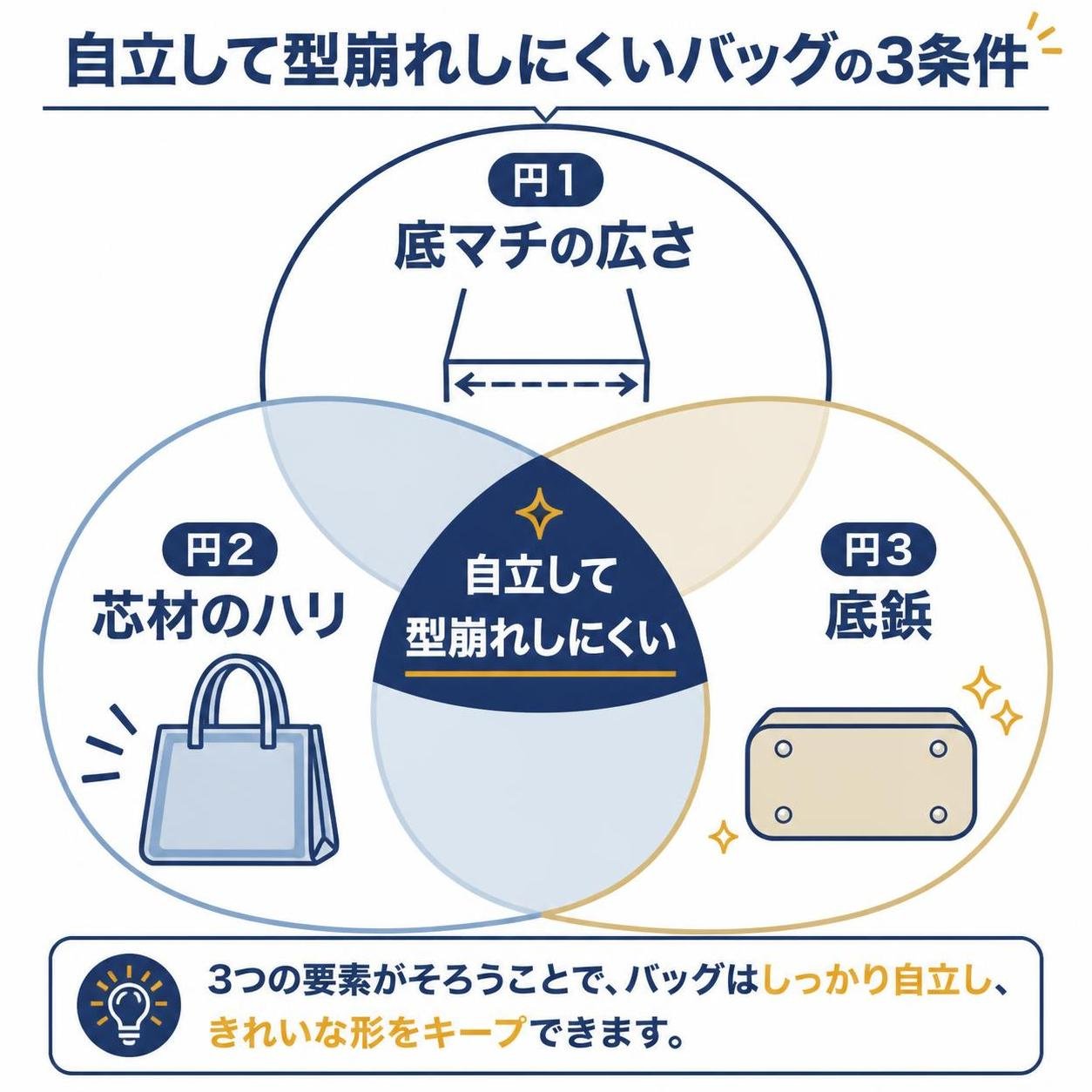 【ベン図作成】自立して型崩れしにくいバッグの3条件。円1:底マチの広さ / 円2:芯材のハリ / 円3:底鋲 / 重なり:自立して型崩れしにくい