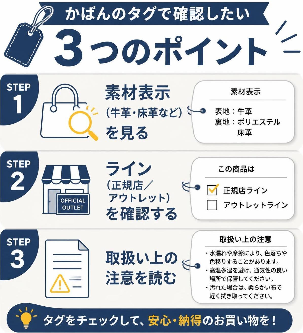【ステップ作成】かばんのタグで確認したい3つのポイント:素材表示(牛革・床革など)を見る→ライン(正規店/アウトレット)を確認する→取扱い上の注意を読む