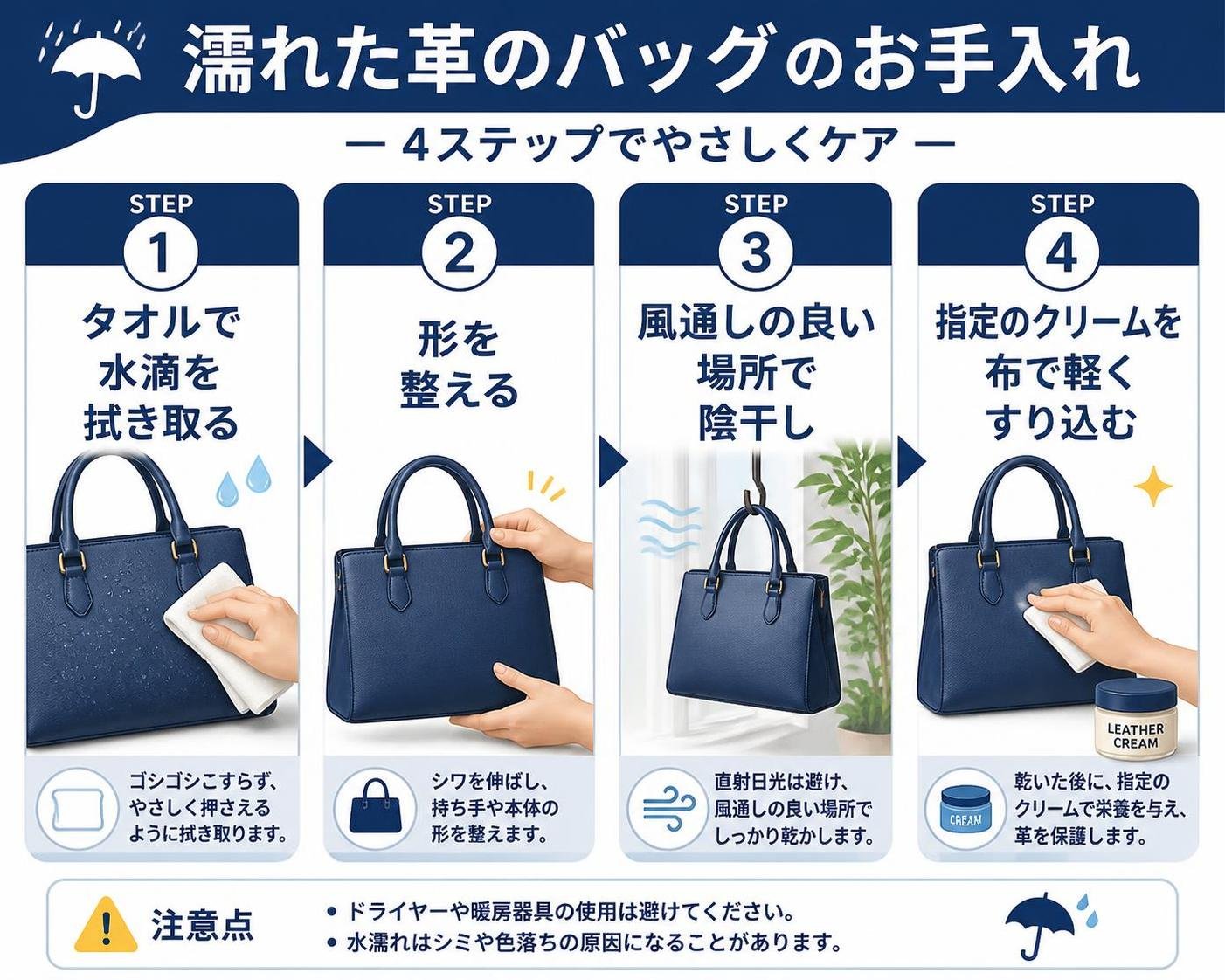 【ステップ作成】革のバッグが濡れたときの4ステップ:タオルで水滴を拭き取る→形を整える→風通しの良い場所で陰干し→指定のクリームを布で軽くすり込む