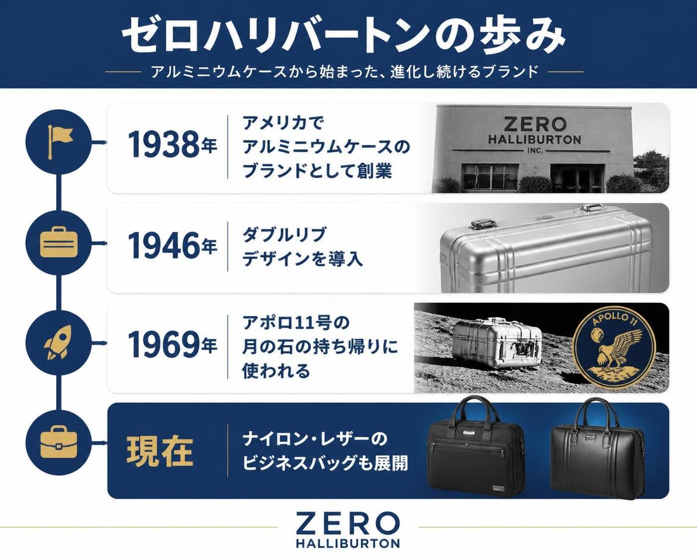 【タイムライン作成】ゼロハリバートンの歩み。1938年:アメリカでアルミニウムケースのブランドとして創業 / 1946年:ダブルリブデザインを導入 / 1969年:アポロ11号の月の石の持ち帰りに使われる / 現在:ナイロン・レザーのビジネスバッグも展開