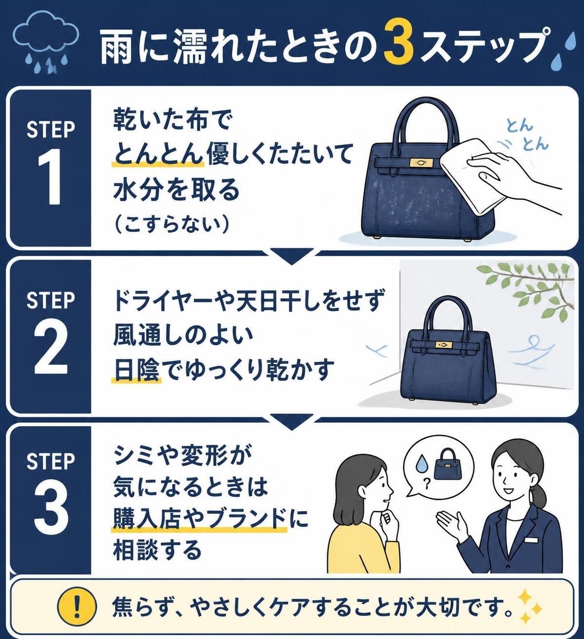 【ステップ作成】雨に濡れたときの3ステップ:乾いた布でとんとん優しくたたいて水分を取る（こすらない）→ドライヤーや天日干しをせず風通しのよい日陰でゆっくり乾かす→シミや変形が気になるときは購入店やブランドに相談する