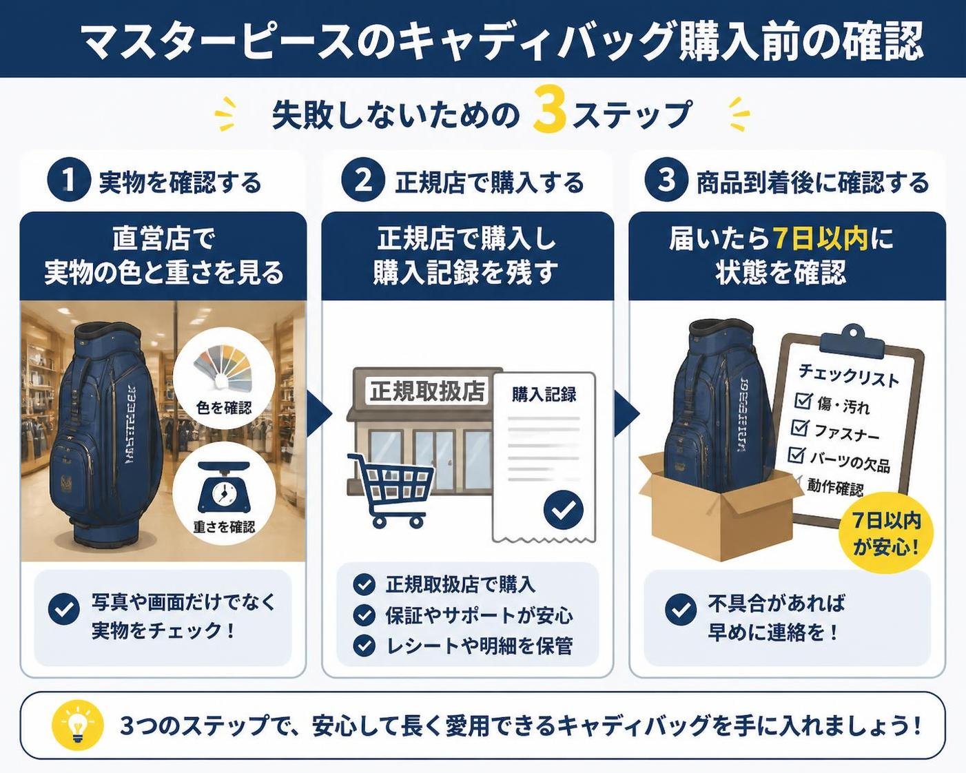 【ステップ作成】マスターピースのキャディバッグ購入前の確認:直営店で実物の色と重さを見る→正規店で購入し購入記録を残す→届いたら7日以内に状態を確認