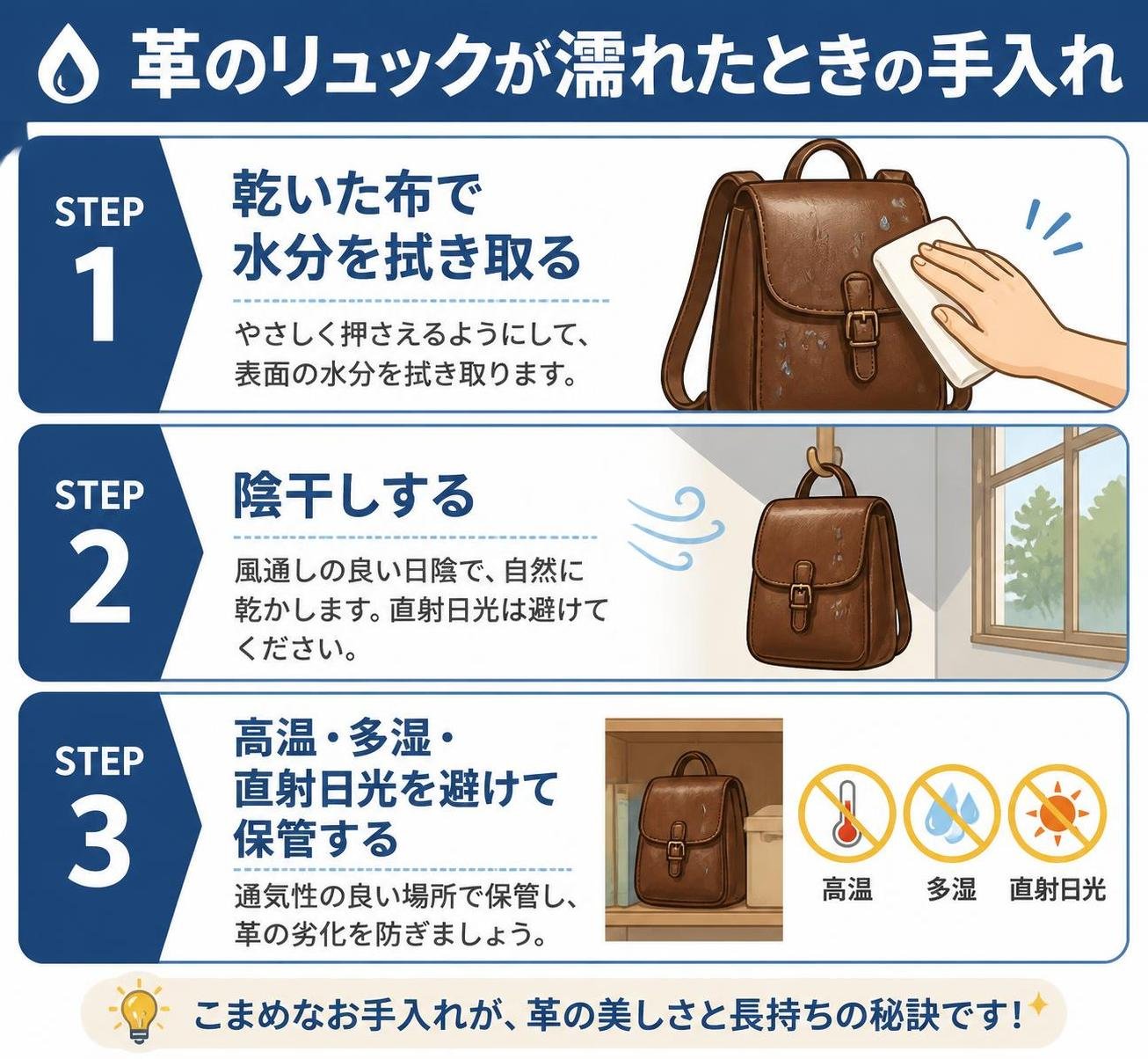【ステップ作成】革のリュックが濡れたときの手入れ:乾いた布で水分を拭き取る→陰干しする→高温・多湿・直射日光を避けて保管する