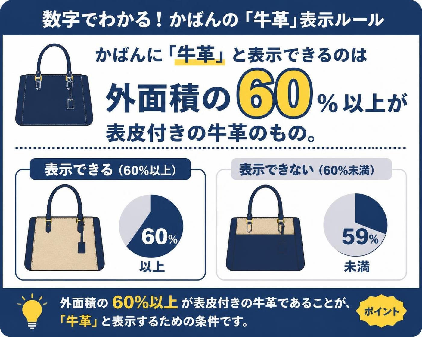 【数字カード作成】かばんに「牛革」と表示できるのは外面積の60%以上が表皮付きの牛革のもの。60%
