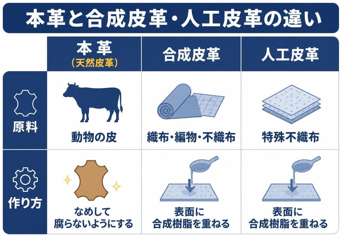 【比較表作成】本革と合成皮革・人工皮革の違い。本革(天然皮革): 原料=動物の皮, 作り方=なめして腐らないようにする / 合成皮革: 原料=織布・編物・不織布, 作り方=表面に合成樹脂を重ねる / 人工皮革: 原料=特殊不織布, 作り方=表面に合成樹脂を重ねる