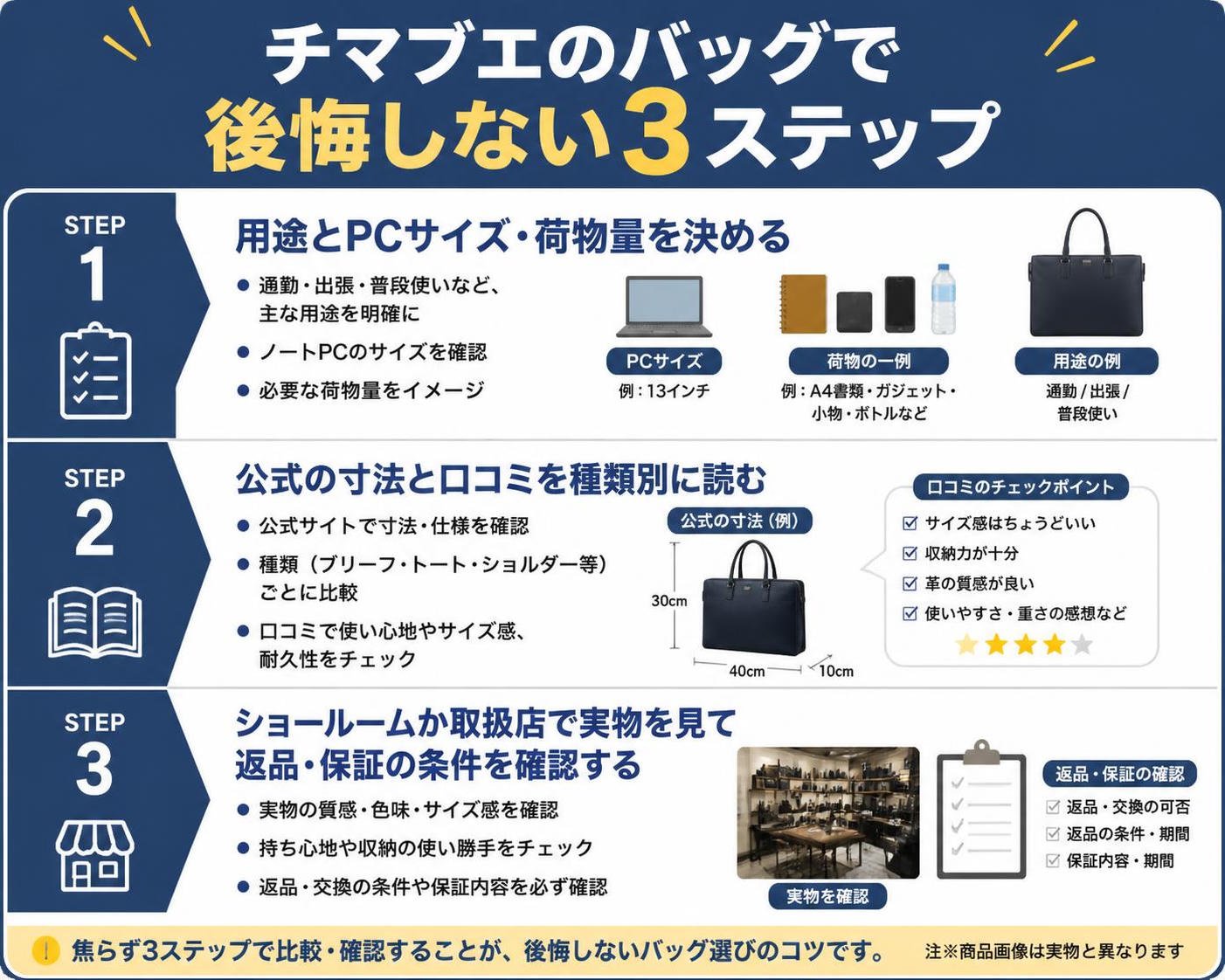 【ステップ作成】チマブエのバッグで後悔しない3ステップ:用途とPCサイズ・荷物量を決める→公式の寸法と口コミを種類別に読む→ショールームか取扱店で実物を見て返品・保証の条件を確認する。企業ロゴ・商標マークは描かない、文字ラベルのみ
