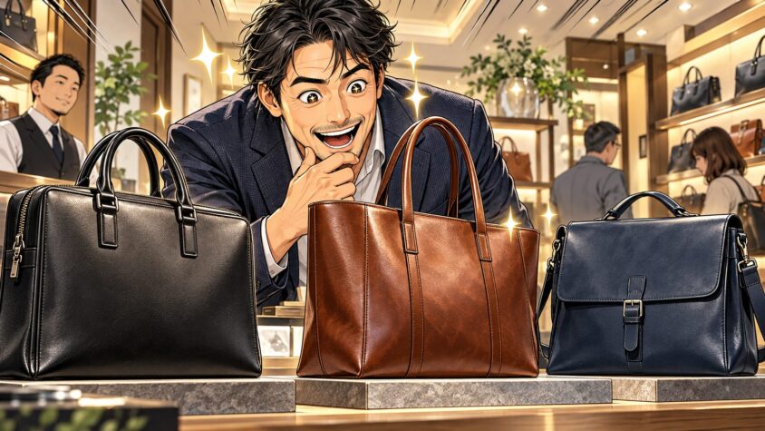 型崩れに悩んだ40代が次の1本の候補に入れたい、日本製の革バッグブランド3選 ショールームで3本の革のバッグを見比べる場面 40代男性1人が目を輝かせる表情