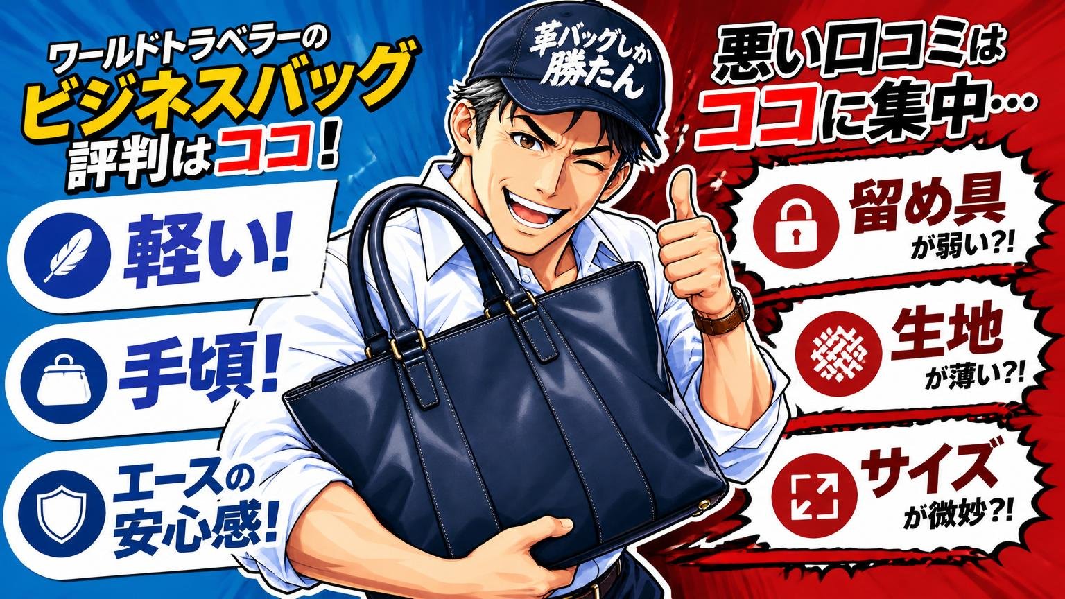 ワールドトラベラーのビジネスバッグの評判は「軽い・手頃・エースの安心感」が中心。悪い口コミは留め具・生地・サイズに集中