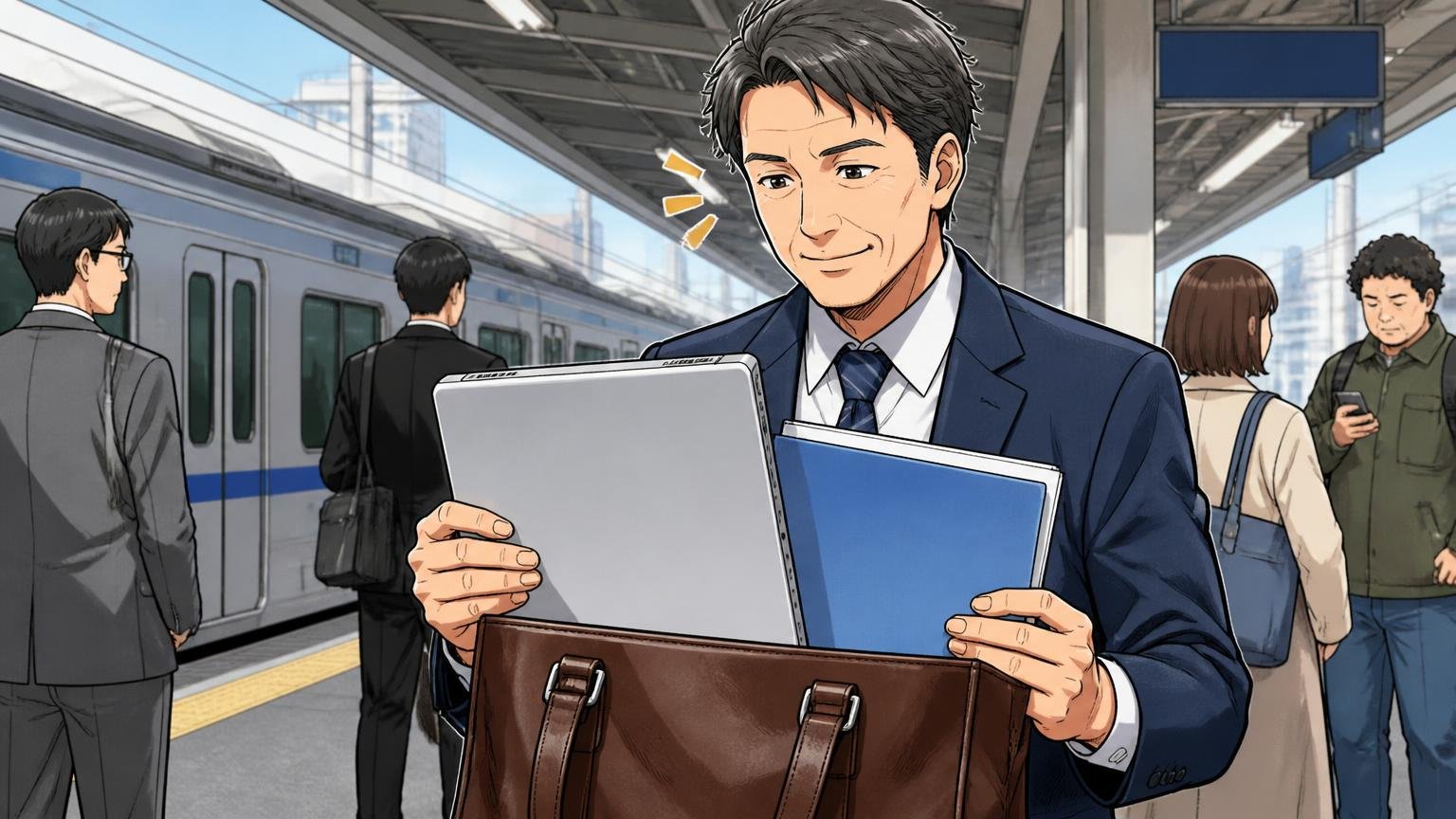 通勤メインなら「A4型」が基準になる理由　朝の駅のホームで革トートからA4ファイルとノートPCを取り出し、ちょうど収まるサイズに満足げにうなずく40代男性1人