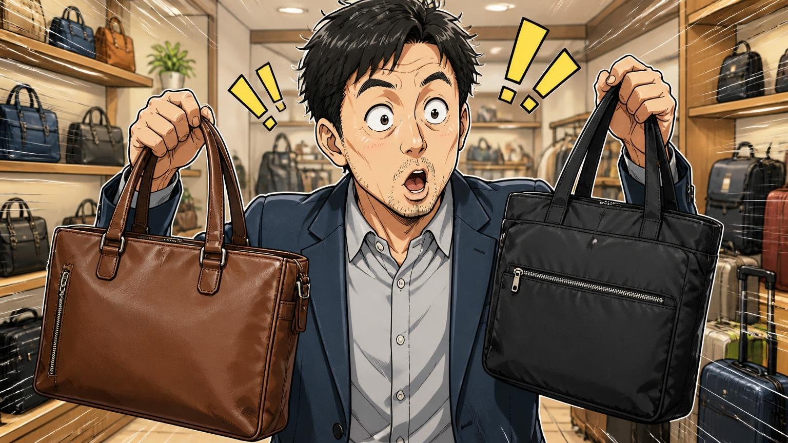 同じブランドで比べると「革のほうが軽い」バッグもある、鞄売り場で革とナイロンのバッグを両手に持ち比べる場面、40代男性1人が目を丸くする