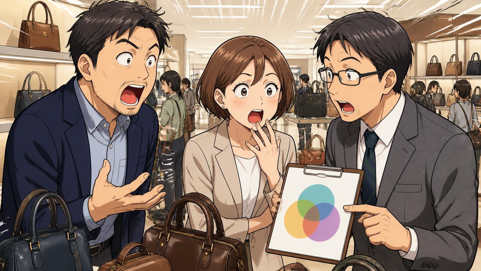 複数サイトの見立てが重なるのは30代〜50代 百貨店の鞄売り場で年齢層を話し合う3人の男女が驚く場面