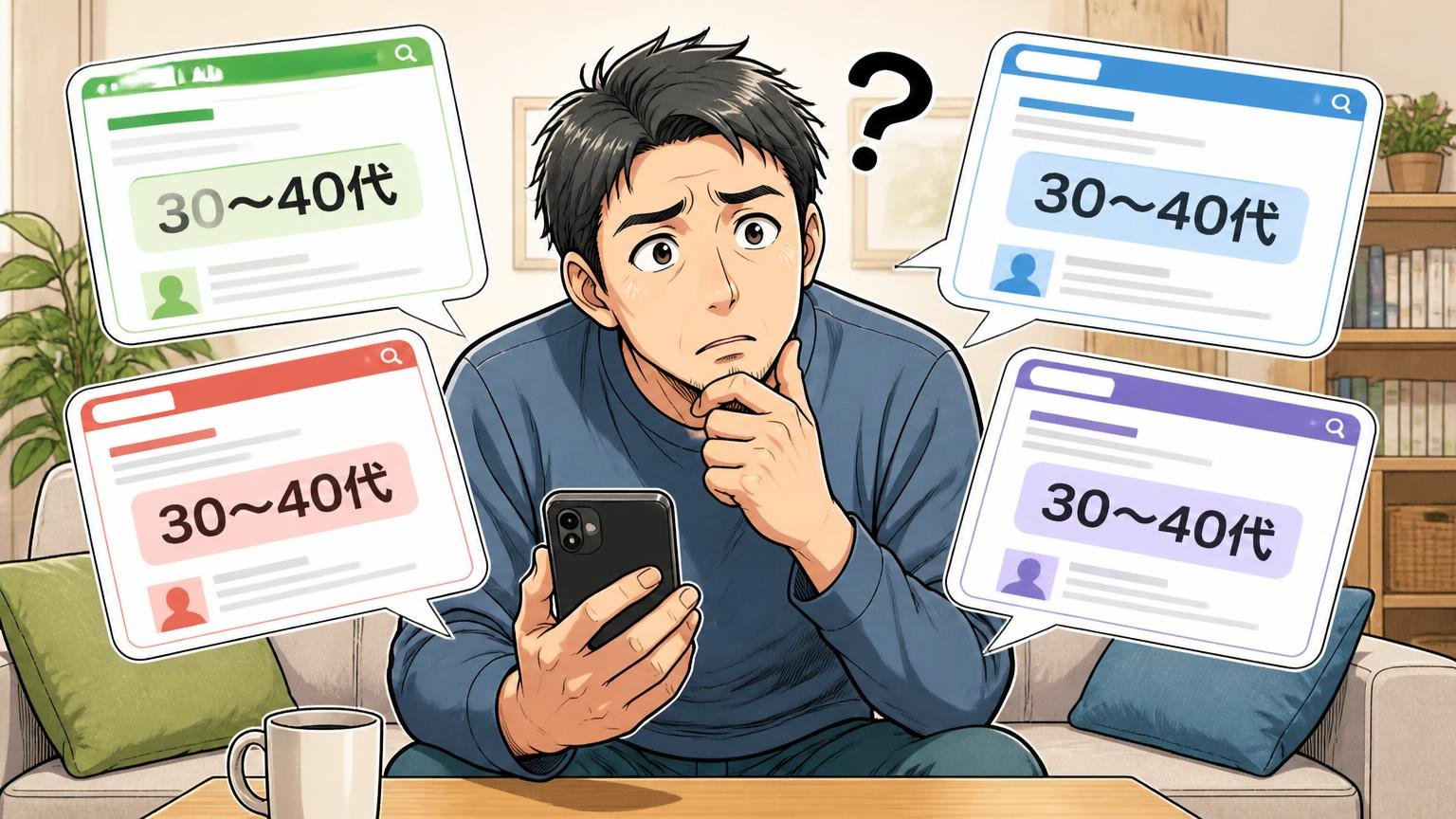 4つのメディアの記載を比べると「30〜40代」が重なる、自宅のリビングでスマホの検索結果を見比べる40代男性が首をかしげる場面