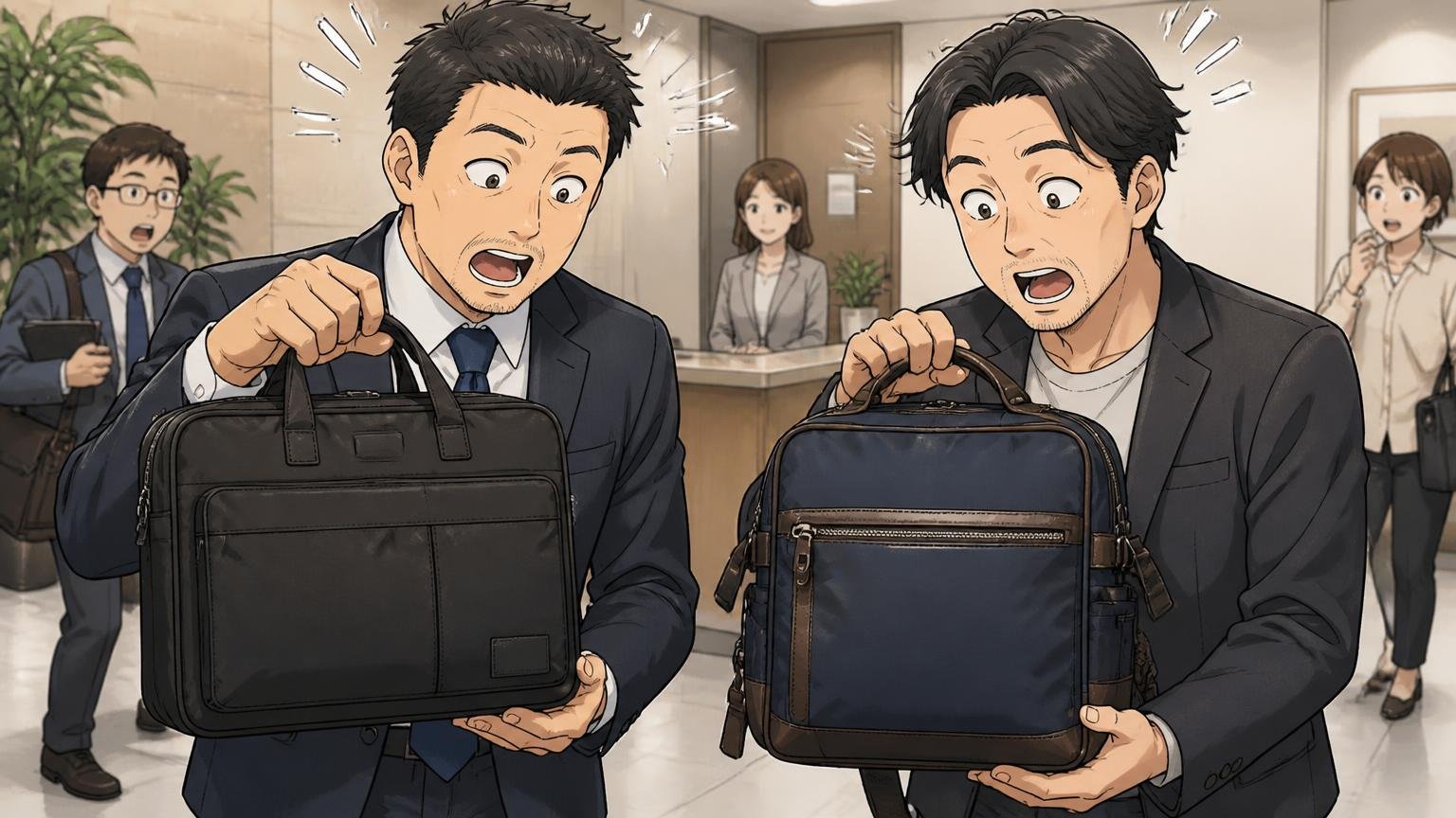 スーツと商談が中心ならポーター、オフィスカジュアルと機能重視ならマスターピース オフィスの受付前で2つのバッグを見比べて驚く40代男性2人