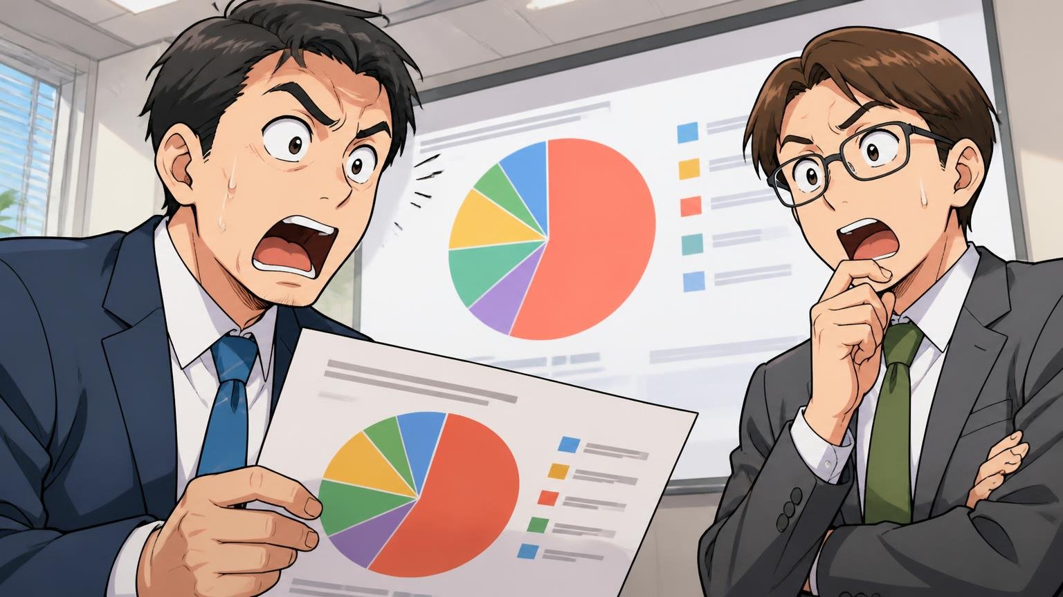 楽天の購入者303人では、40代が約4割で最多 オフィスの会議室で年代別グラフの資料を見て驚く40代男性と同僚の2人