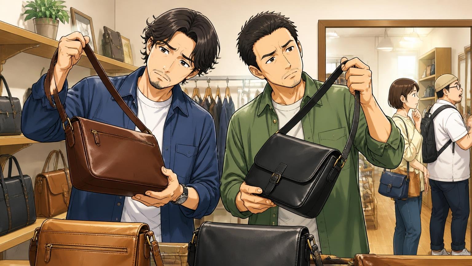 公式サイトに対象年齢の記載はない、セレクトショップの棚で革のショルダーバッグを見比べる30代と40代の男性2人が首をかしげる場面