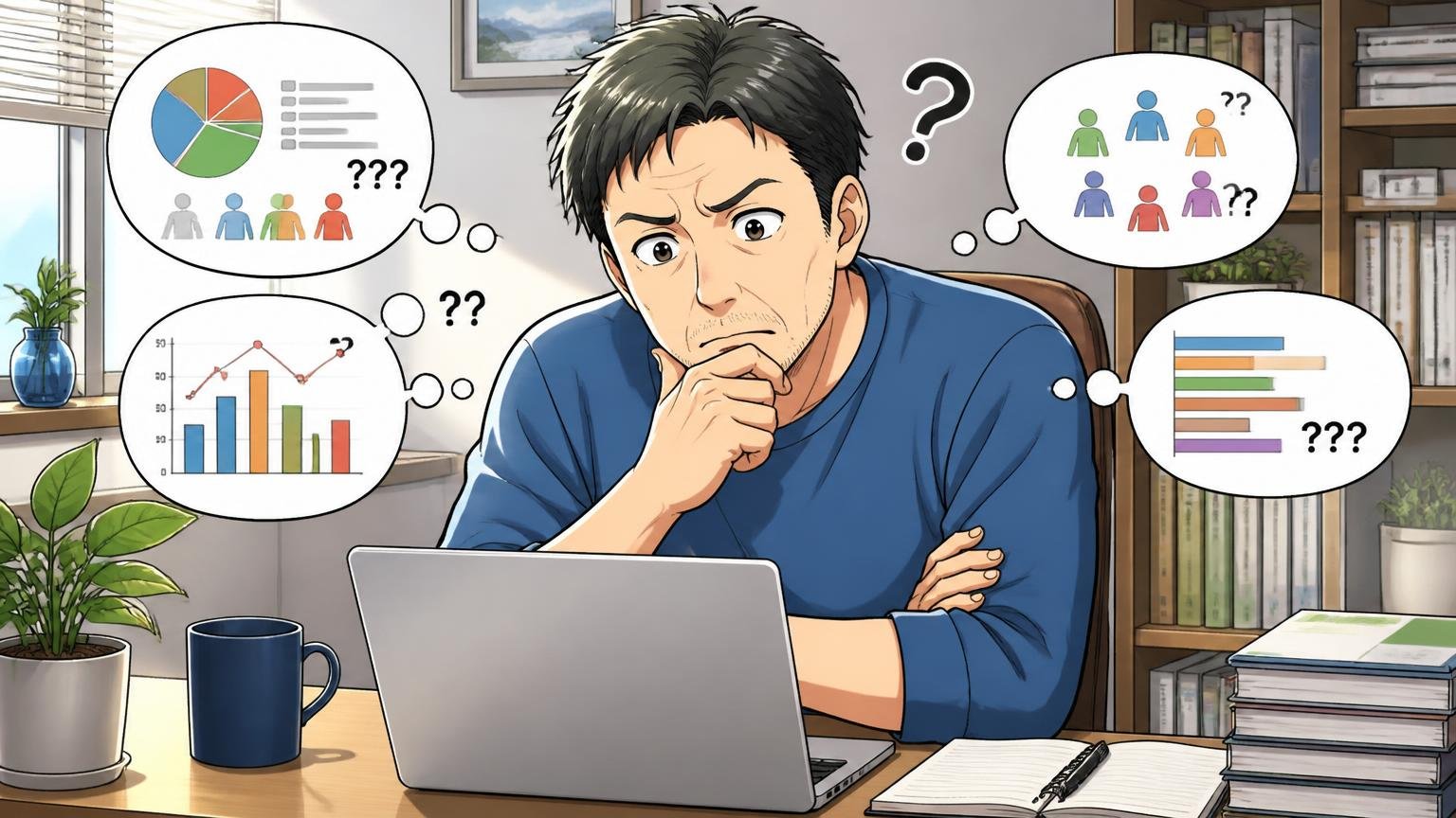 公式の年齢データはない｜一次情報とレビューから言えること 自宅のデスクでノートPCで年齢層を調べる40代男性が首をかしげる場面