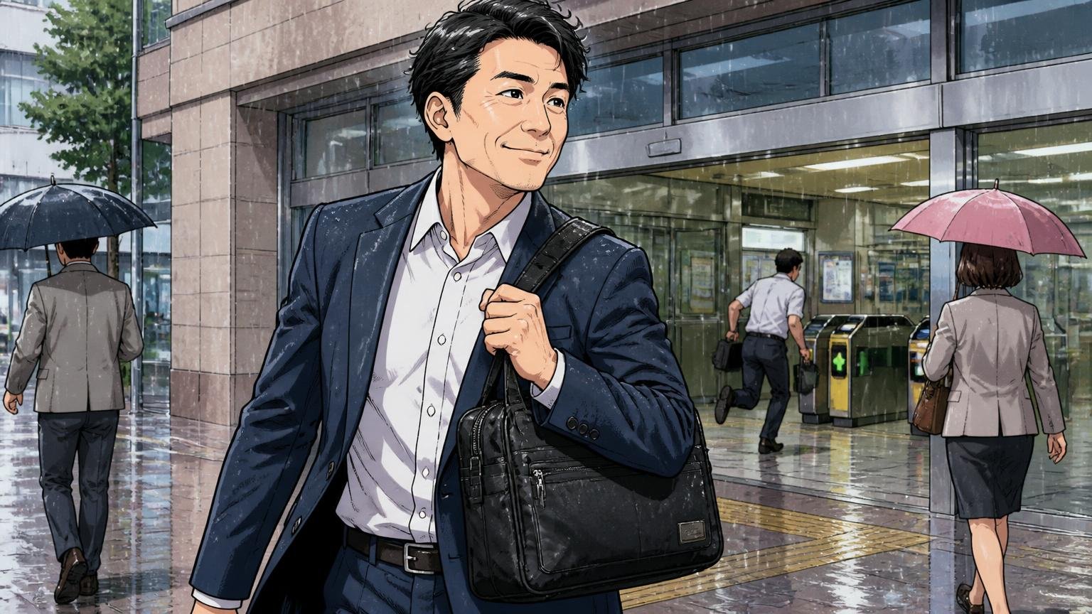 軽さとタフさ、気兼ねなく使える「道具」ならポーター。雨の駅前でナイロンのビジネスバッグを肩にかけ、笑顔で歩き出す40代男性1人