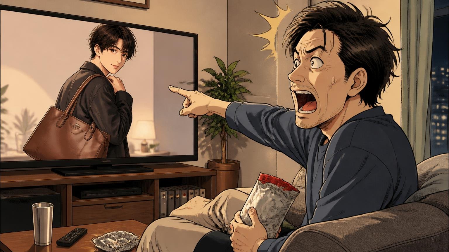 公式が着用を発表した芸能人とバッグ 夜のリビングでドラマを見て革バッグに気づく場面 40代男性1人 画面を指さして驚く