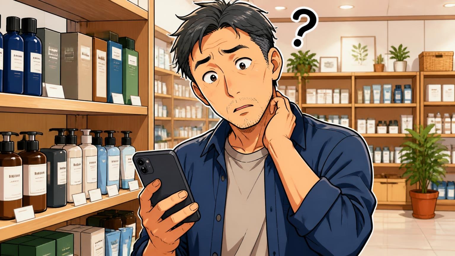 公式は年齢層を公表していない|紹介サイトの記載が重なるのは30代〜40代、店の棚の前でスマホを見る40代男性1人が首をかしげる場面