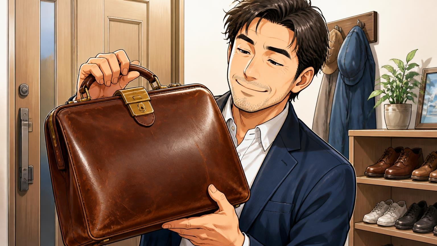良い評判:長く使える作り、服装を選ばない格、背負っても疲れにくい 自宅の玄関で使い込んだ革のダレスバッグを手に取る40代男性が満足げに笑う場面