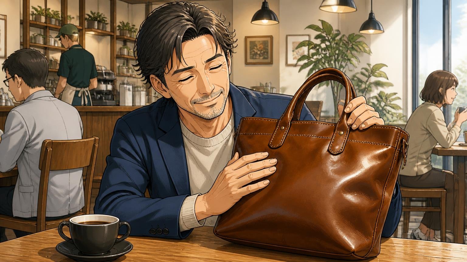良い評判：革の艶と経年変化、形が崩れない頑丈さ。休日のカフェで使い込んだ革トートの艶を眺める40代男性1人が思わず目を細める場面