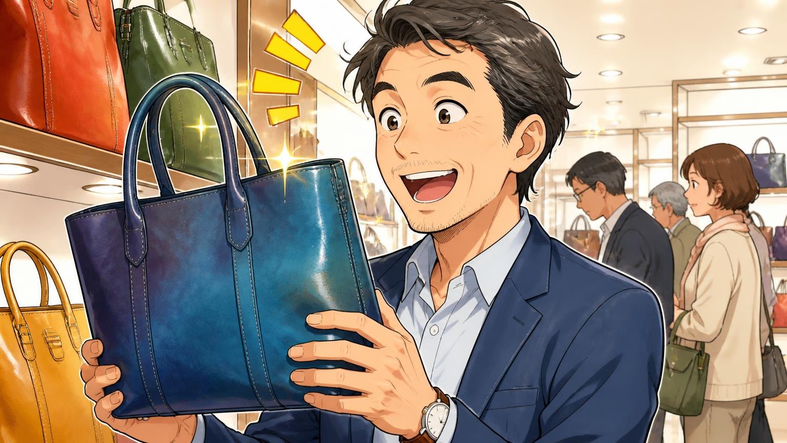 良い評判のまとめ|色の美しさと仕上がりへの満足が中心、百貨店の売り場で手染めの革バッグを手に取り目を輝かせる40代男性1人