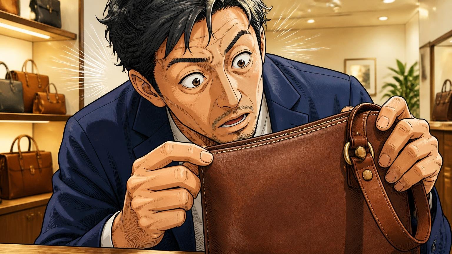 良い口コミは縫製と仕上げのきれいさ。店舗のカウンターで革バッグの縫い目を確かめる40代男性1人が目を見開く場面