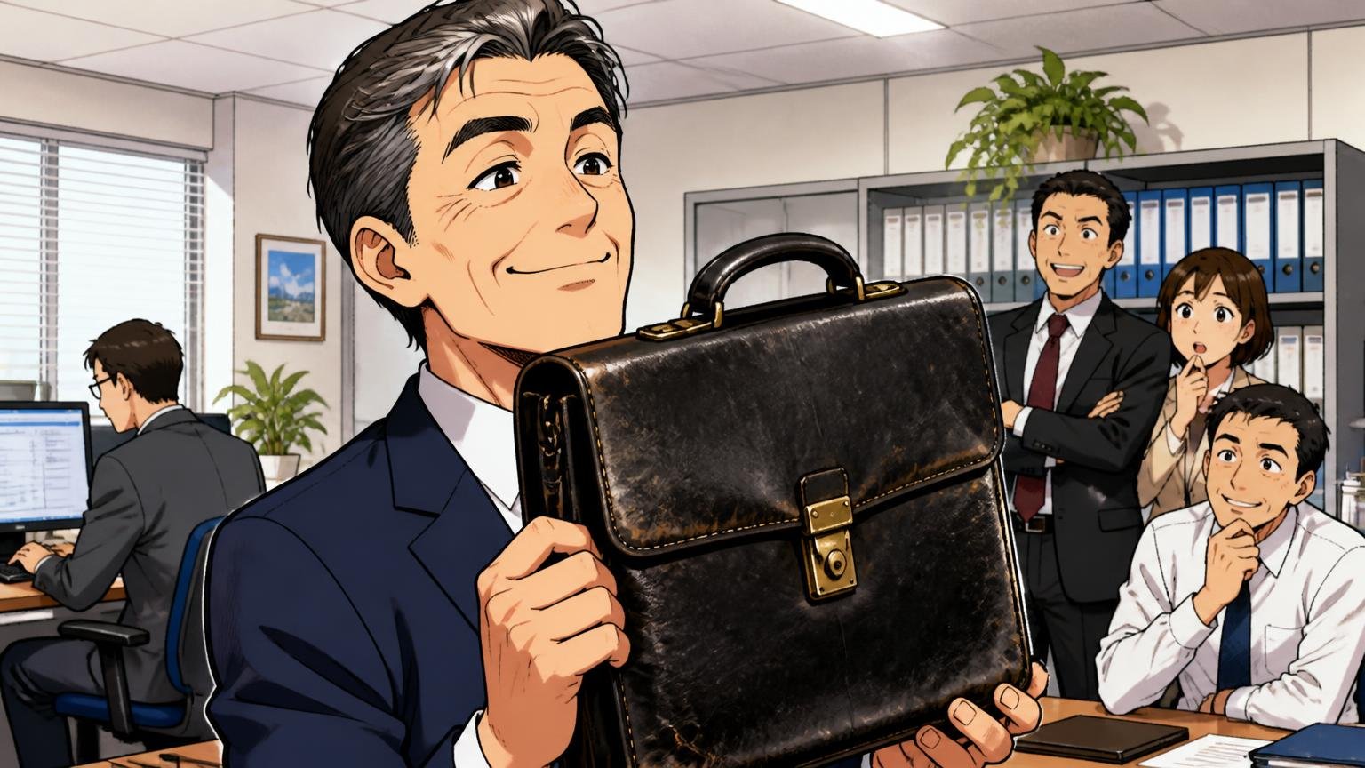 良い口コミ:長く使ったリピーターほど評価が高い 使い込んだ黒い革のブリーフケースを手に満足げに笑う50代男性の会社員1人